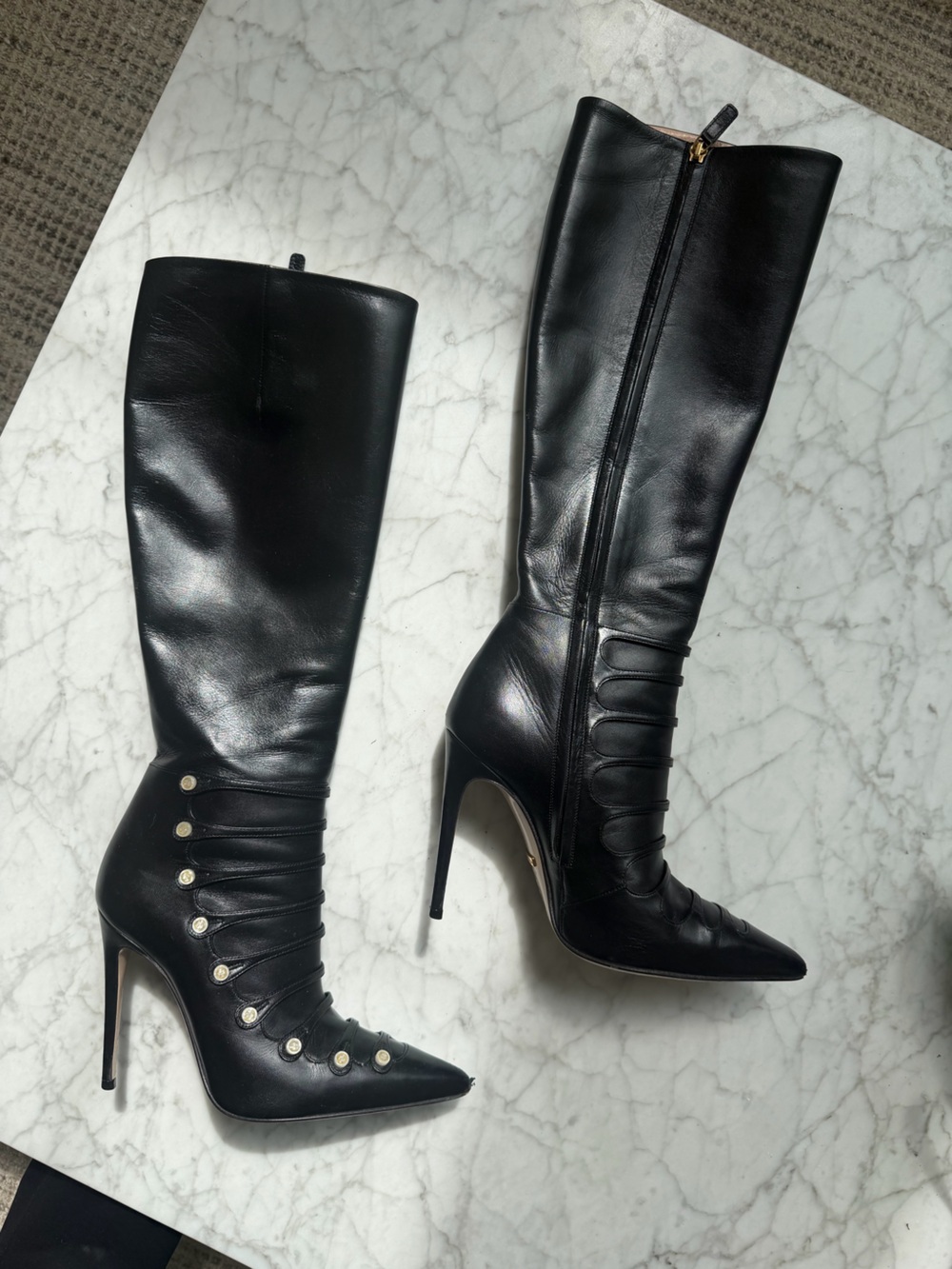 Black Gucci Leather Knee-High Stiletto Boots - Women's